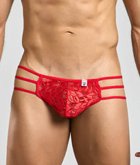 Red lace MOB men’s pouch thong with three horizontal straps and floral pattern in a thong style