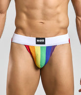 Rainbow-striped pride flag colors jockstrap with white elastic waistband featuring mob brand logo for men