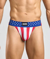 Blue red and white american flag themed mens jockstrap with textured fabric waistband featuring mob logo