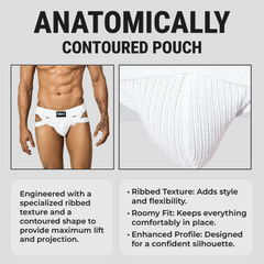 White ribbed anatomically contoured pouch with branded waistband in men’s x jockstrap for support and comfort