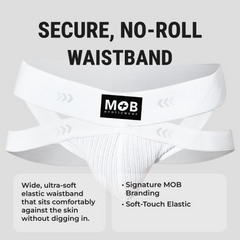 Men’s x jockstrap white mob eroticwear briefs with secure no-roll elastic waistband and soft-touch fabric