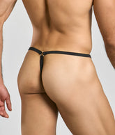 Black mob men’s tear drop string thong back view with thin elastic band and small gold toned metal ring