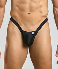 Black mob y buns thong with form-fitting sleek minimalist design and small white brand tag at the front
