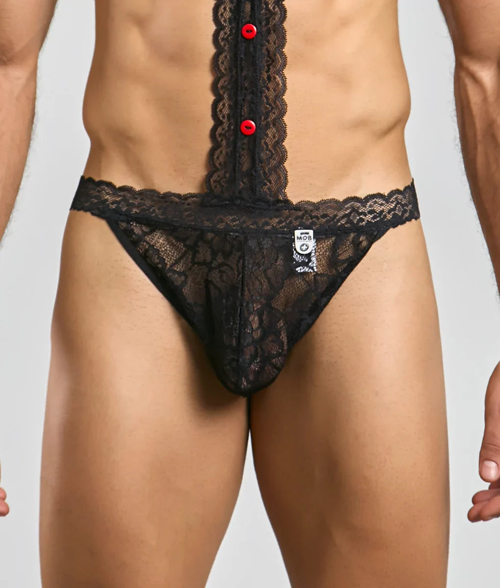 Black lace mob tuxedo thong with red buttons down the center front featuring delicate lace material