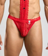 Mob tuxedo lace thong red lace thong with floral pattern and black buttons down the front