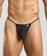 Black lace thong with thin straps and small brand tag at waistband in mob print g-string new product image