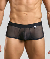 Black mesh mob fishnet boxer briefs with solid black waistband and small white brand tag