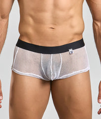 White mesh MOB Fishnet boxer briefs with a black waistband showcasing breathable fishnet material design