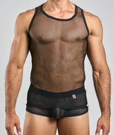 Black mesh MOB fishnet tanktop with round neckline and reinforced black trim along the edges