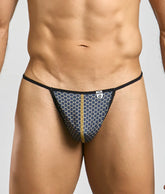 MOB hipster T thong print in navy blue honeycomb pattern with black trim and gold zipper detail front view