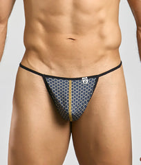 MOB hipster T thong print in navy blue honeycomb pattern with black trim and gold zipper detail front view