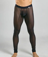 Black sheer mesh tights with solid waistband and reinforced seams from mob for durable stylish wear