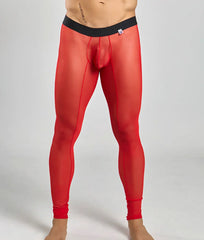 Red sheer mesh men’s leggings with black waistband from mob mesh tights shown from front angle