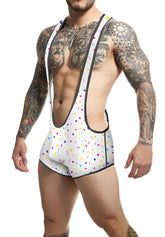 White men’s wrestling singlet mob singlet with colorful confetti pattern and black trim designed for athletic use