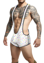 White men’s wrestling singlet mob singlet with colorful confetti pattern and black trim designed for athletic use