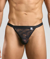 Black lace thong jockstrap with solid black waistband and subtle patterned design from mob sexy mesh and lace collection