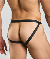 Black satin-like fabric briefs with a sleek minimalist design featured in the mob sexy mesh and lace jockstrap collection