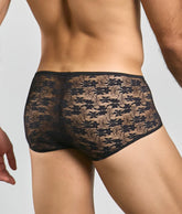 Black floral lace men’s briefs mob loop cheeky trunk with sheer patterned design and cheeky cut