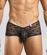 Black lace men’s underwear with floral pattern and central pouch design mob loop cheeky trunk front view