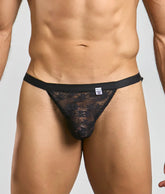 Black lace mob y sexy thong with solid black waistband and floral pattern front view