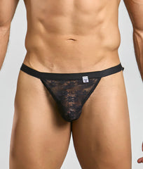 Black lace mob y sexy thong with solid black waistband and floral pattern front view