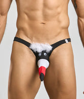 Black novelty thong for men with cartoon penguin design white fluffy trim red black beak and googly eyes