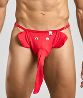 Red elephant-themed thong with googly eyes and a long trunk made of stretchy fabric showing front side details