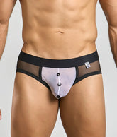 Black and translucent mesh briefs with white front panel and three black buttons from the mob maitred costume