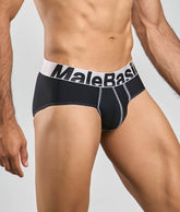MaleBasics microfiber brief in black with white waistband bold black lettering and silver stitching along seams