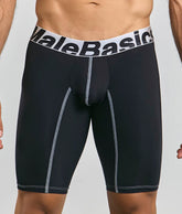 Black malebasics microfiber athletic boxer briefs with white waistband black lettering and silver seam stitching