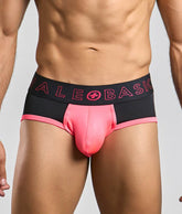 Black and pink male basics neon brief with bold neon pink ale basic logo on waistband for everyday comfort