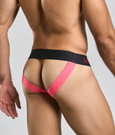 Pink and black athletic briefs with bold contrasting design from malebasics neon jock new colors collection