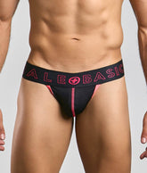 Black and pink malebasics neon jock athletic briefs with bold neon pink ale+basic logo on waistband