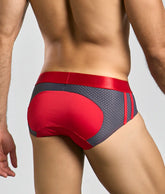 Malebasics spot brief red athletic briefs with satin waistband and perforated gray mesh panels for breathability