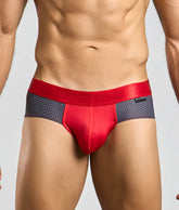 Malebasics spot brief red athletic briefs with satin-like waistband and red and gray dotted mesh panels
