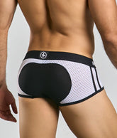Malebasics spot new sexier trunk pink black and white mesh briefs with solid black back panel and subtle dot pattern