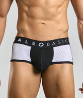 Black and white mesh briefs with a pink branded waistband from malebasics spot new sexier trunk collection