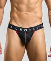 Black and red male basics spot jockstrap with perforated mesh front and branded waistband for athletic use