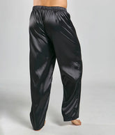 Black satin Malebasics pants with a relaxed wide-leg cut and elastic waistband for comfortable wear