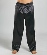 Black satin pajama pants with elastic waistband and glossy finish from Malebasics Pants Satin collection