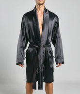 Black satin Malebasics robe with sleek glossy finish and matching belt for comfortable loungewear use