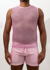 Pink mesh crochet muscle tank top with sleeveless design round neckline and subtle geometric pattern