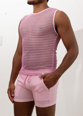 Pink crochet muscle tank top with mesh sleeveless design and subtle geometric pattern paired with matching drawstring shorts