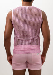 Pink crochet muscle tank top with mesh fabric subtle geometric pattern and ribbed hem for casual wear