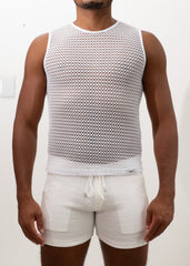 White crochet muscle tank top with round neckline elasticated waistband and breathable mesh fabric
