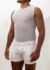 White crochet muscle tank top with sleeveless design mesh texture and round neckline for casual wear