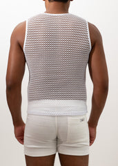 White crochet muscle tank top with mesh fabric and solid white band at the bottom front view