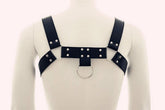 Black leather bulldog harness with silver metal studs and central ring by metromalewear model mh1