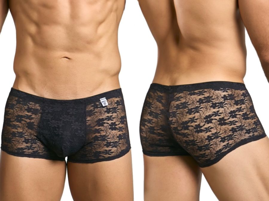 Malebasics mbl84 classic pouch trunks in black lace with floral pattern and solid black waistband for men