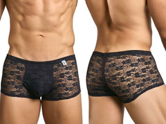 Malebasics mbl84 classic pouch trunks in black lace with floral pattern and solid black waistband for men